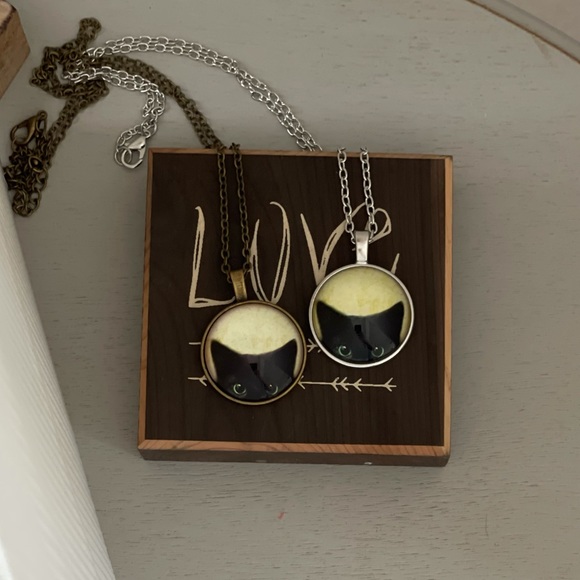 Peeking Cat Cabochon Necklace Kitten Bronze Silver - Picture 4 of 6